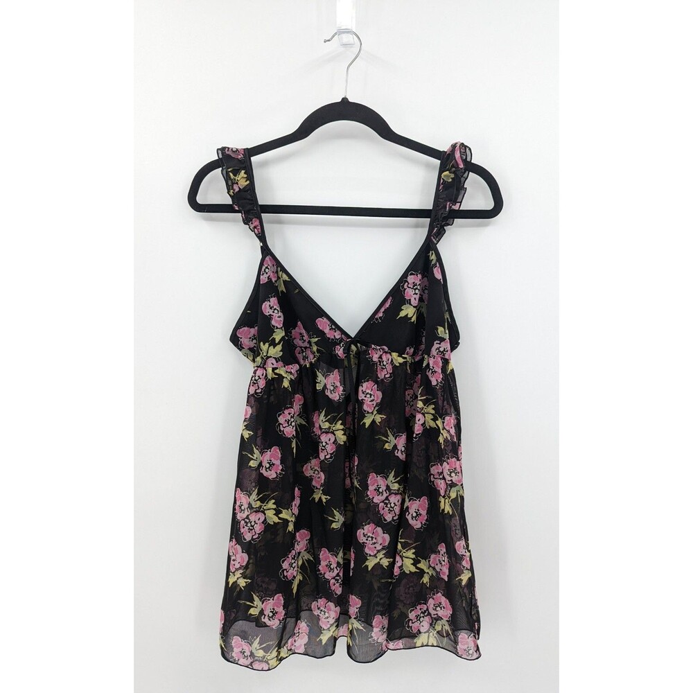 Victoria's Secret Angels Sleepwear Women's L Black Floral Babydoll Teddy Sheer